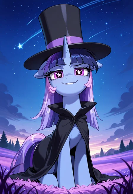 masterpiece, best quality, amazing quality,,(detailed background:1.5),(detailed everything:1) ,,my little pony,,pony, 1girl, solo, feral pony, feral, blue body, Unicorn, long hair, multicolored hair, violet hair, Lavender hair, pink eye, Star pupils, BREAK, Looking at the viewer, smug, sitting in a meadow, a night meadow, stars falling in the sky, a top hat on his head, a black cloak,