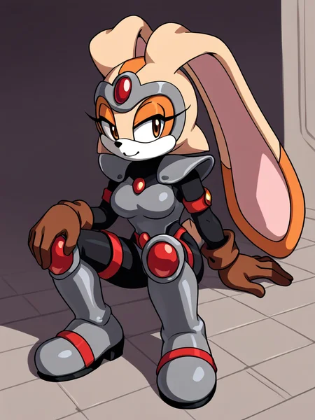 score_9, score_8_up, score_7_up, <lora:Cream_the_Rabbit_Pony:0.8> cre4mth3r4bb1t, Furry, furry female, animal ears, animal nose, rabbit ears, rabbit girl, tail, brown gloves, multicolored fur, <lora:JennyBOHXL:0.6> JennyBOHXL, anthro furry, long hair, grey helmet, forehead red jewel, medium breasts, grey armor, red jewel, shoulder armor, black bodysuit, armlet, guantlets, black gloves, armored boots