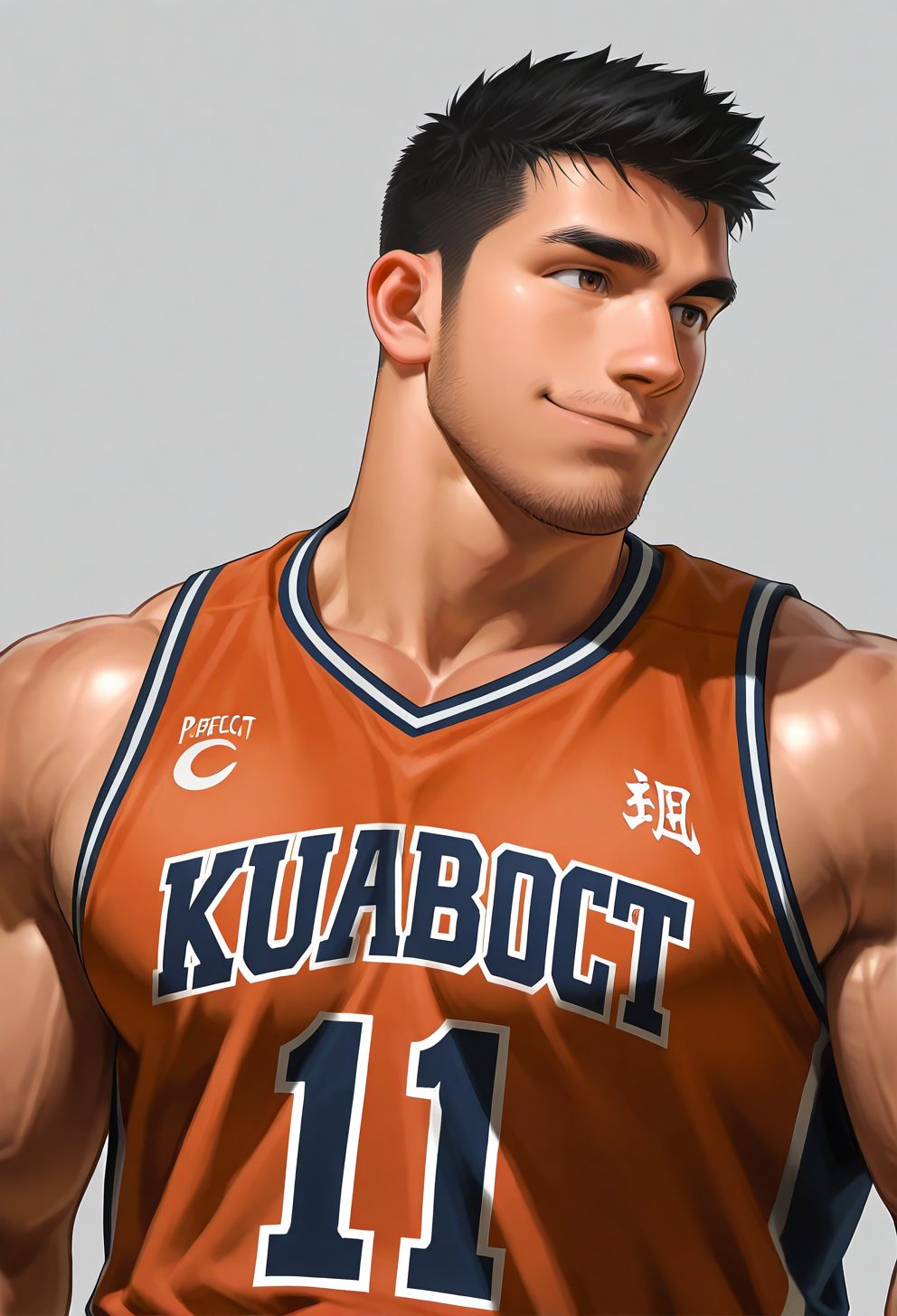 simple background,
1boy,bara,muscular male,stubble,brown eyes,black hair,long sideburns,
smile,basketball uniform,upper body,
very awa,masterpiece,best quality,absurdres,newest,perfect quality,detailed background,intricate details,<lora:wwh-vc:0.8>,