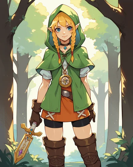 score_9, score_8_up, score_7_up, source_anime, solo, 1girl, linkle, nintendo, the legend of zelda, braid, twin braids, choker, thigh boots, zettai ryouiki, hood, <lora:linkle_PDXL-000001:1>