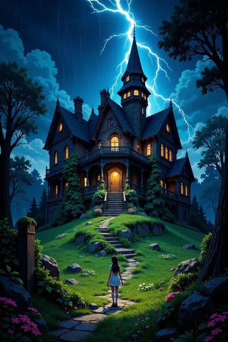 a creepy old mansion beautiful anime landscape, rain and storm, woman, very intricate, very detailed, sharp, bright, colorful, <lora:Hand v2:0.5> <lora:Anti-Blur:1><lora:Insane Detail Slider:0.25> <lora:flux.1_lora_flyway_Epic-detail_v2:0.3> <lora:fluxenhancer:0.25> <lora:ROWER:0.6> <lora:flux-charmer-v1-1:0.4> <lora:Colorful_Fantasy_Art_for_FLUX:1> fantasy art