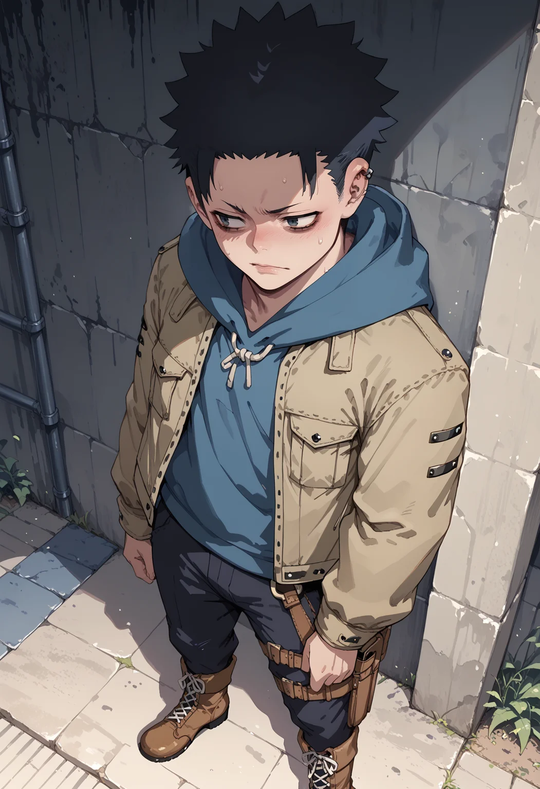 score_9,score_8_up,score_7_up,score_6_up,score_5_up,score_4_up,rating_explicit,source_anime,1boy,black hair,gothic,blue hoodie,tan jacket,boots,black pants,holster,from above,<lora:Sinozick_Style_XL_Pony:1>,sinozick style,flat color,dark theme,<lora:Wim:0.8>,perspective,<lora:Base_Anime_222:0.5>,