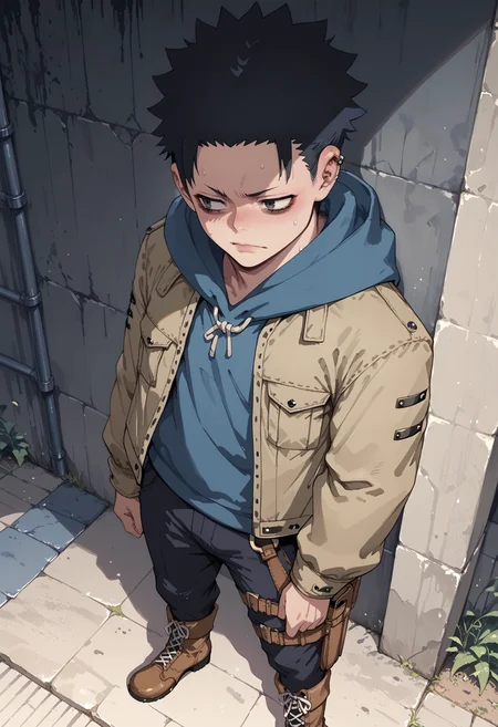 score_9,score_8_up,score_7_up,score_6_up,score_5_up,score_4_up,rating_explicit,source_anime,1boy,black hair,gothic,blue hoodie,tan jacket,boots,black pants,holster,from above,<lora:Sinozick_Style_XL_Pony:1>,sinozick style,flat color,dark theme,<lora:Wim:0.8>,perspective,<lora:Base_Anime_222:0.5>,