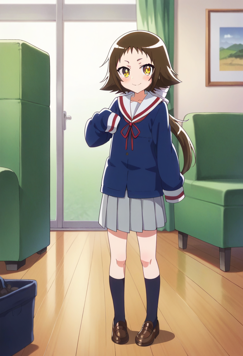 score_9, score_8_up, score_7_up, score_6_up, score_5_up, score_4_up , anime coloring ,BREAK source_anime, anime,
mashiro, long hair, blush, skirt, brown hair, long sleeves, sleeves past hands, ribbon, school uniform, yellow eyes, ponytail, pleated skirt, shoes, brown shoes, <lora:PonyXL Mashio V1:1>
looking at viewer,  full body, smile,
indoors,  living room,