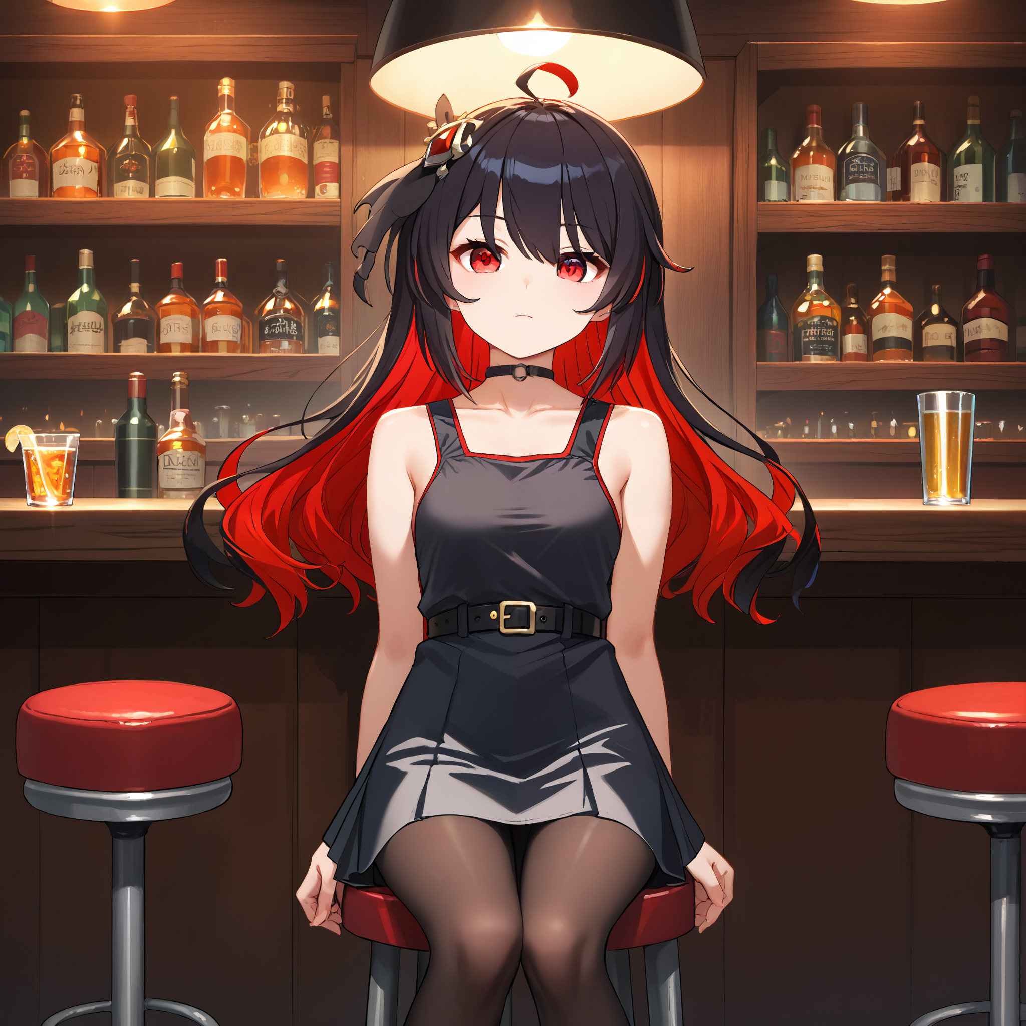 score_9, score_8_up, score_7_up, score_6_up, score_5_up, score_4_up, BREAK source_anime, look at viewer, rating_safe, 1girl, solo, bar, indoors, sitting, stool, masterpiece, best quality, high detailed skin,   seele vollerei \(starchasm nyx\), long hair, multicolored hair, black hair, red hair, ahoge, red eyes, black dress, black choker, black ribbon, black pantyhose, belt,