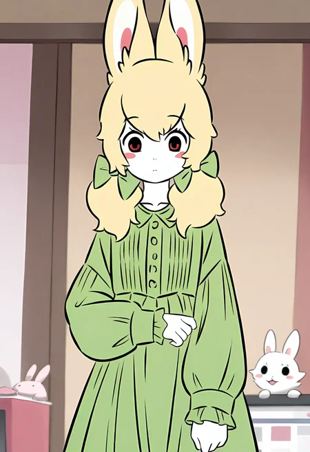 <lora:xiaoyu:1>,xiaoyu,1girl,solo,furry female,black eyes,red eyes,blonde hair,twintails,hair bow,animal ears,white skin,
green dress,dress,long sleeves,green bow,, masterpiece,best quality,amazing quality,absurdres, anime screenshot,