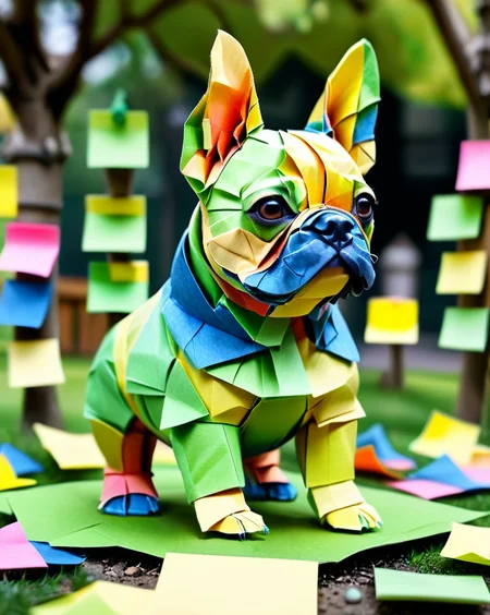 a colorful french bulldog puppy made out of Jed-StickyN, dynamic pose, dynamic angle, intricate details, ultra wide shot, zoomed out, shallow depth of field,
<lora:StickyNotesStyle:1>, <lora:add-detail-xl:0.5>, <lora:sd_xl_dpo_lora_v1:1>, set in a green dog park made of paper, <lora:TQ_-_Fairy_Tale_Origami_Paintings:0.7>