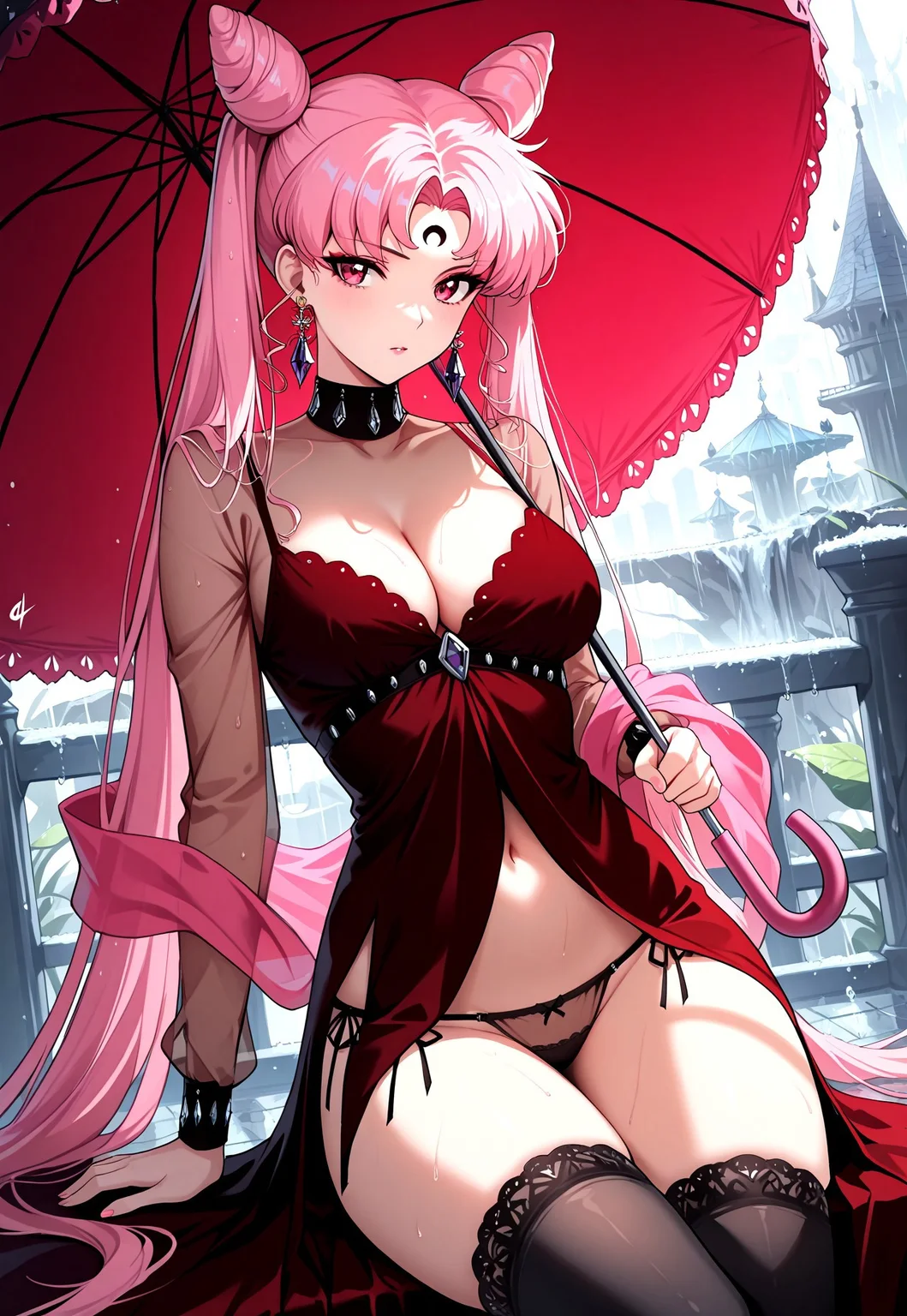 masterpiece, best quality, absurdres, very aesthetic, high score, black_lady_usa, 1girl, crescent facial mark, cone hair bun, pink hair, facial mark, crescent, jewelry, aged up, long hair, forehead mark, earrings, hair bun, double bun, thighhighs, umbrella, underwear, solo, crystal earrings, panties, twintails, see-through, breasts, very long hair, sitting, signature, dress, black thighhighs, makeup, cleavage