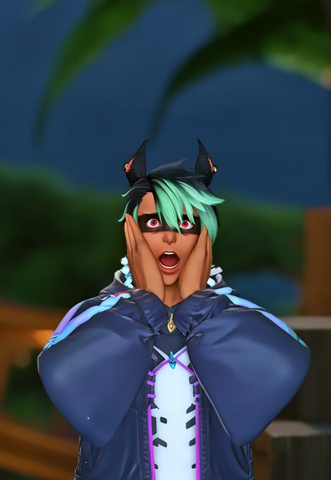 masterpiece, best quality, KrhisT1A, 1boy, animal ears, green hair, open mouth, multicolored hair, blurry background, male focus, depth of field, dark skin, black hair, solo, looking at viewer, dark-skinned male, hands on own face, outdoors, short hair, long sleeves, teeth, jacket, red eyes, piercing, red eyes, facepaint, perked ears, overreacting, surprised, wide eyes, meme