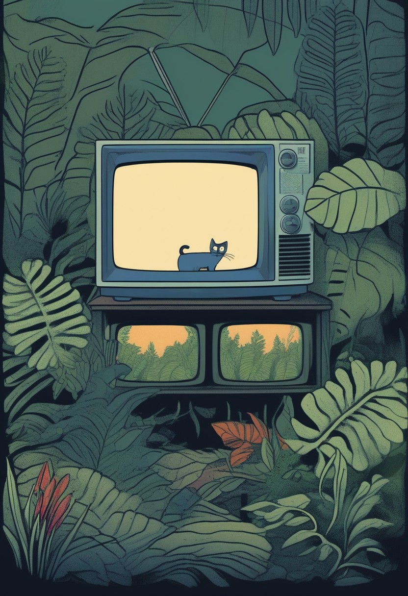 <lora:G1XL:1> g1, art, illustration, no humans, dense jungle plants, large tropical leaves, leafy blue background, digital art, cartoonish style, slightly surreal aesthetic, a worn look, painted texture, subtle shadows and highlights, a retro TV with a curved screen and dials, warm glow emitting from the TV, static lines faintly visible, the TV sits on a wooden crate covered in moss, a cat with soft fur and perked ears sits in front, eyes wide with focus, watching Tom and Jerry, vines creeping around the TV, faint dust particles in the air, overgrown foliage framing the scene, a mix of deep greens and muted blues, a cozy yet mysterious atmosphere.
