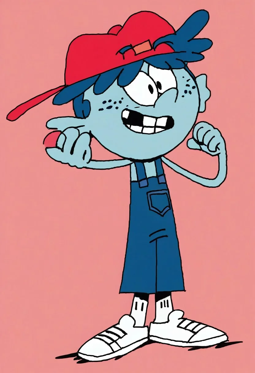 (score_9 | score_8_up | score_7_up) ((masterpiece:1))(best quality,very high quality,ultra detailed:1.2) (2D,cartoon style,anime style)(Smooth:2)(clean blurring) (four fingers on each hand,one thumb on each hand:1), Leif Loud, solo, 1boy, missing teeth, red baseball cap facing backwards, blue overalls, white shoes, light aquamarine skin color, dark-blue tentacle hair, freckles, large fins acting as ears