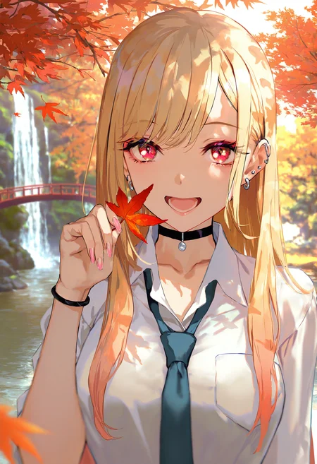 by [lack|fuzichoco|lam|kinta \(distortion\)|wlop|quasarcake|nixeu|happoubi jin|miyajima reiji],
1girl, holding leaf, hand up, upper body, smile, open mouth, looking at viewer,
kitagawa marin, bangs, blonde hair, long hair, red eyes,
 earrings, necktie, choker, long hair, shirt, black choker, white background, white shirt, piercing, looking at viewer, bracelet, school uniform, collared shirt, ear piercing, bangs, blue necktie, upper body, collarbone, multicolored hair, breasts, breast pocket,
smile, looking at viewer, open mouth,
forest, japan, waterfall, red wooden bridge, momiji, red maple leaf, falling leaves,
nature, scenery, outdoors,
volumetric lighting, low key, high contrast, vivid color,
lens-flare, cinematic lighting, depth of field, deep glow effect, outdoors, tree shade,
masterpiece, best quality, very aesthetic, absurdres
<lora:illustrious_all_rated_v1:1>