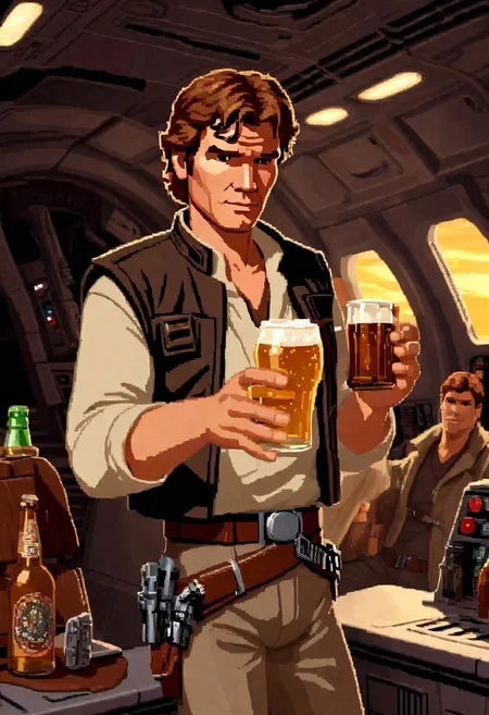 lucasarts style, a drunk Han solo is holding a glowing bottle of beer in a millennium falcon <lora:lucasarts style:1>