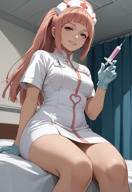 score_9, score_8_up, score_7_up, source_anime BREAK 1girl, solo, <lora:felicia-fe-richy-v2_pdxl:1> flcrnd, blue eyes, pink hair, long hair, ponytail, blunt bangs, breasts nurse cap, nurse, impossible clothes, gloves, holding syringe, large syringe, bed, from below, seductive smile, sitting