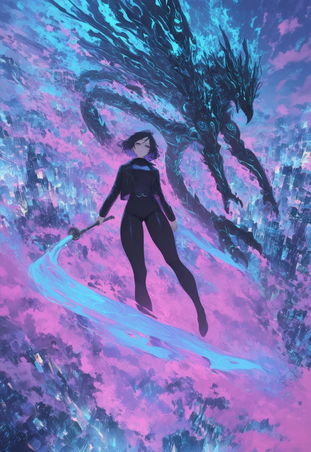 floating through the air above a futuristic city, holding a holographic scepter , male focus, high-quality, street background , space suit made of flowing, Gothic woman, Athletic female, facial stubble, Mechanical dragon, casual look, eyes glowing with ancient knowledge , a swirling vortex of bright neon colors, dress, ethereal effects, wearing leather jacket, A colorful parrot flying through a rainforest canopy. A male samurai with a katana, sky , Ethereal warlock with glowing tattoos