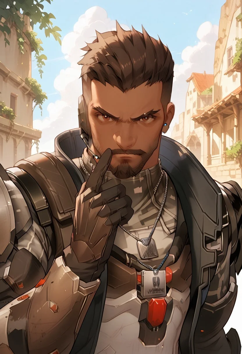 score_9, score_8_up, score_7_up, high quality, correct hands, correct fingers, 5-fingers, perfect face, perfect proportion, perfect anatomy, perfect eyebrows, perfect eyes, defined face, 1male, solo, soldier 24, greyes, reaper /(overwatch)/, dark skin, short hair, brown hair, hazel eyes, undercut, beard, scar on face, muscular, armor, gloves, pants, dogtag, earphone, camouflage looking at viewer