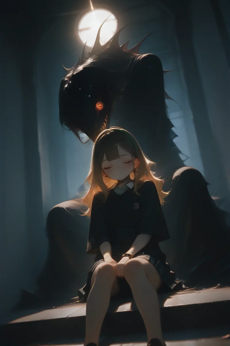 <lora:ponyv6_noobV1_2_adamW:1>
<lora:USNR_STYLE_ILL_V1_lokr3:0.3>
<lora:Nightmare_Paralized_IL:1>
(big monster creeping in the background:1.1),
1girl, black sweater, blonde hair, blush, checkered background, closed eyes, collared dress, ear piercing, earrings, green hairband, hair between eyes, hair over one eye, long sleeves, looking at viewer, multicolored hair, neck tattoo, no mouth, pleated skirt,
1girl, 1other, bangs, black hair, blunt bangs, brown footwear, brown hair, building, face, gate, glowing eyes, gun, holding, jacket, loafers, long hair, looking at viewer, muzzle flash, night, petals, short sleeves, sitting, skirt, solo, sun, watch