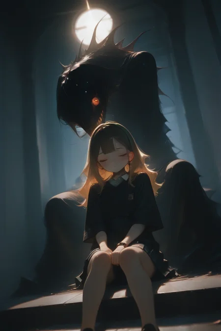 <lora:ponyv6_noobV1_2_adamW:1>
<lora:USNR_STYLE_ILL_V1_lokr3:0.3>
<lora:Nightmare_Paralized_IL:1>
(big monster creeping in the background:1.1),
1girl, black sweater, blonde hair, blush, checkered background, closed eyes, collared dress, ear piercing, earrings, green hairband, hair between eyes, hair over one eye, long sleeves, looking at viewer, multicolored hair, neck tattoo, no mouth, pleated skirt,
1girl, 1other, bangs, black hair, blunt bangs, brown footwear, brown hair, building, face, gate, glowing eyes, gun, holding, jacket, loafers, long hair, looking at viewer, muzzle flash, night, petals, short sleeves, sitting, skirt, solo, sun, watch