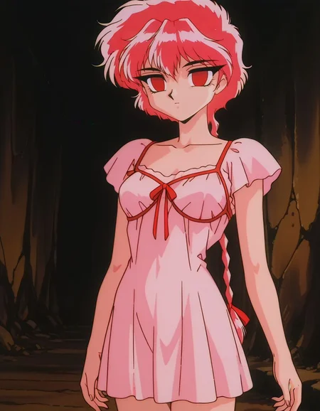masterpiece, best quality, female focus, solo, empty eyes, mind control, expressionless, cowboy shot, nightgown,
<lora:Hikaro:1>, hikar0, 1girl, red eyes, black eyes, pink hair, short hair, retro artstyle, single braid,