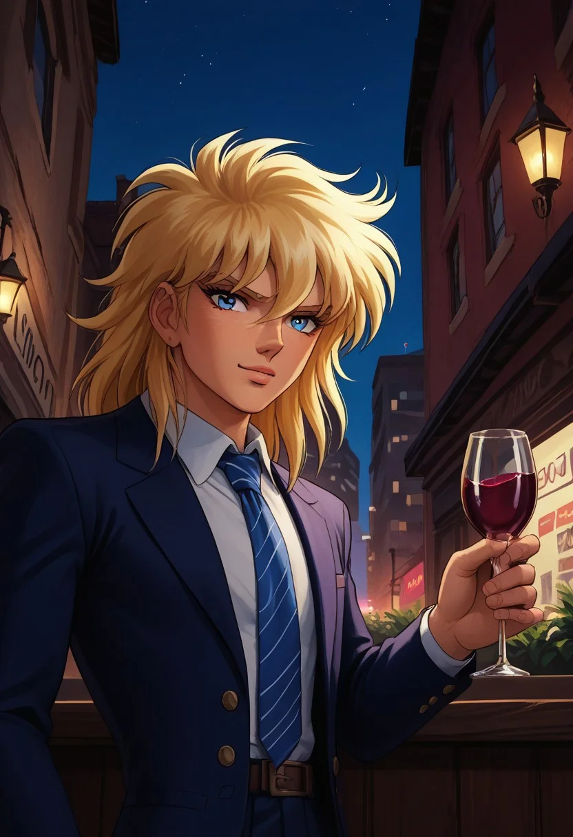 score_9, score_8_up, score_7_up, score_6_up, Cygnus_Hyoga, 1boy, blonde hair, long hair, blue eyes, bangs, light skin, looking at viewer, at an upscale rooftop bar, wearing a tailored blazer, city lights twinkling below, holding a glass of wine, sophisticated and urban atmosphere, outdoors, sunset sky, hyper realistic, high quality, hd render,
retro artstyle, 1990s_(style), 1980s_(style)
