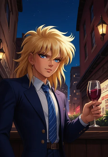 score_9, score_8_up, score_7_up, score_6_up, Cygnus_Hyoga, 1boy, blonde hair, long hair, blue eyes, bangs, light skin, looking at viewer, at an upscale rooftop bar, wearing a tailored blazer, city lights twinkling below, holding a glass of wine, sophisticated and urban atmosphere, outdoors, sunset sky, hyper realistic, high quality, hd render,
retro artstyle, 1990s_(style), 1980s_(style)