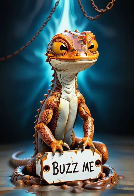 ((2d, cartoon, disney style)), ((1 lizard)), score_9, score_8_up, score_7_up, score_6_up, score_5_up, lizard, solo, baby lizard, blue eyes, long eyelashes, female, feral, detail face, caught with lock and chain, rusted chain, blood outs form arms, weeping eyes, crying, feels, sad, expressions, emotions, detailed skin, rusted jail background, jails cell forground, rusted jail, arrogant, aloof, (((holding a tag attached with chain and lock that says "Buzz-Release Me", text: "Buzz-Release Me"))), realistic skin, detailed skin, bald skin