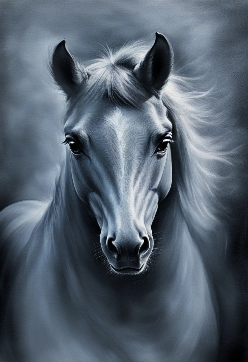 novuschroma style, a galloping horse with fluttering mane in wispy vapor, novuschroma71 style charcoal drawing