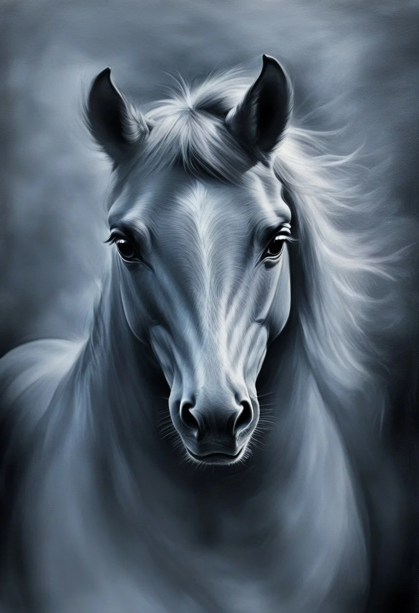 novuschroma style, a galloping horse with fluttering mane in wispy vapor, novuschroma71 style charcoal drawing