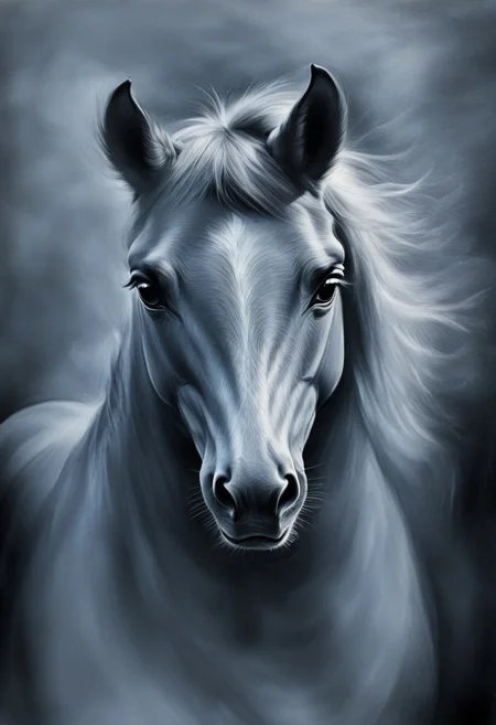 novuschroma style, a galloping horse with fluttering mane in wispy vapor, novuschroma71 style charcoal drawing