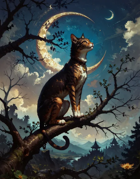 score_9, score_8_up, score_7_up, score_6_up, score_5_up, score_4_up,  realistic, detailed background, masterpiece, best quality, 1girl, mixed Korean, Kpop idol, Surreal night scene, silhouette of a cat sitting on a tree branch, crescent moon in the sky, purple hues, starry night, dreamlike atmosphere, glowing edges, mystical, high contrast, ethereal light, detailed textures, whimsical