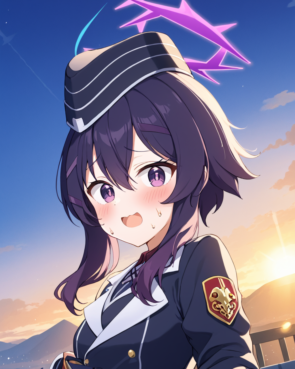 haruka \(blue archive\), garrison_cap, 1girl, halo, open_mouth, solo, jacket, long_sleeves, blush, sky, sweat, military_hat
<lora:haruka_(blue_archive)_image830_2023-11-26-000015:1>halo. gorgeous,key visual, vibrant, studio anime,award-winning, professional, highly detailed,high budget, cinemascope