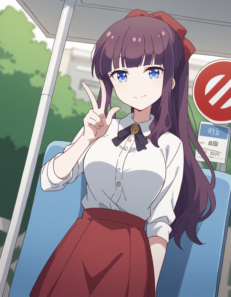 score_9, score_8_up, score_7_up, source_anime, <lora:hifumi-takimoto-s2-ponyxl-lora-nochekaiser:1>, hifumi takemoto, long hair, bangs, blue eyes, bow, ponytail, purple hair, hair bow, medium breasts, skirt, shirt, thighhighs, white shirt, black thighhighs, red skirt,, bus stop, waiting, commuter, smartphone, checking time, cold morning, smile, looking at viewer, v, v over mouth, smug,, solo,, cowboy shot, dutch angle
