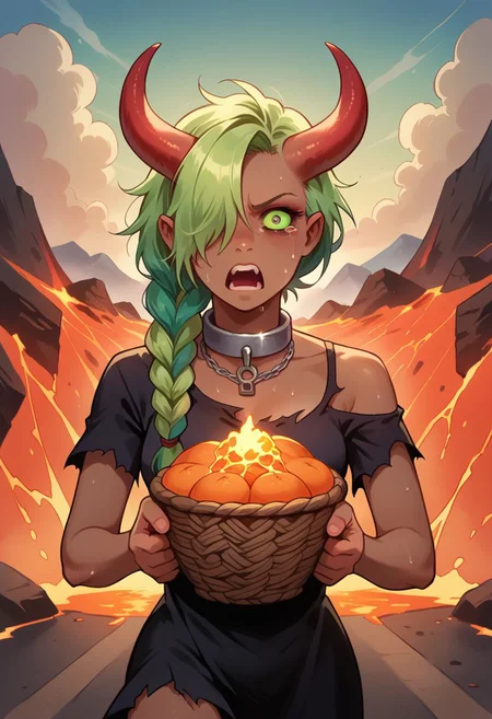 score_9, score_8_up, score_7_up, score_6_up, score_5_up, score_4_up, source_anime, 
cowboy shot, looking at viewer, open mouth, surprised, power crashes kobeni's car (meme), angry, sweat, tears, wide-eyed, empty_eyes, tired,
1girl, female, sundress, black dress, layered clothing, necklace, 
solo, dark skin, horn, 
((torn clothes, prison collar on neck)),
black sclera, green lens, demon, 
multi multicolored hair, multicolored dress, (hair over one eye, twin braided hair with ponytail,), messy hair,
holding flower basket, running, outdoors,
house, lava, volcano, destruction, eerie,
(raw, realistic, real,)