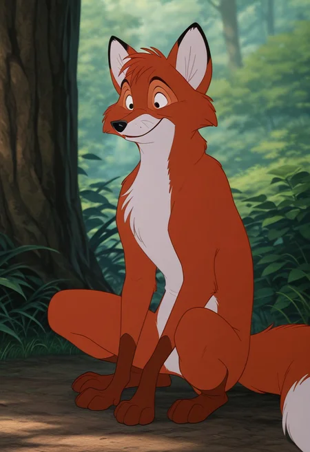 core_9, score_8_up, score_7_up, score_6_up, score_5_up, score_4_up, detailed background, detailed face, 1boy, solo, male, adult fox, tod, cartoon, white color at the end of the tail, furry, red, 2d, disney style, white belly, animation, fox tail, fox
