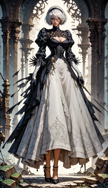 score_9, score_8_up, score_7_up, YoRHa No. 2 Type B, 2B (Nier Automata), victorian style, 2B outfit, full body <lora:Expressive_H-000001:0.8>, expressiveH <lora:Fant5yP0ny:0.9> <lora:Pony_DetailV1.0:0.9> <lora:nostalgia-000011:0.8> retro