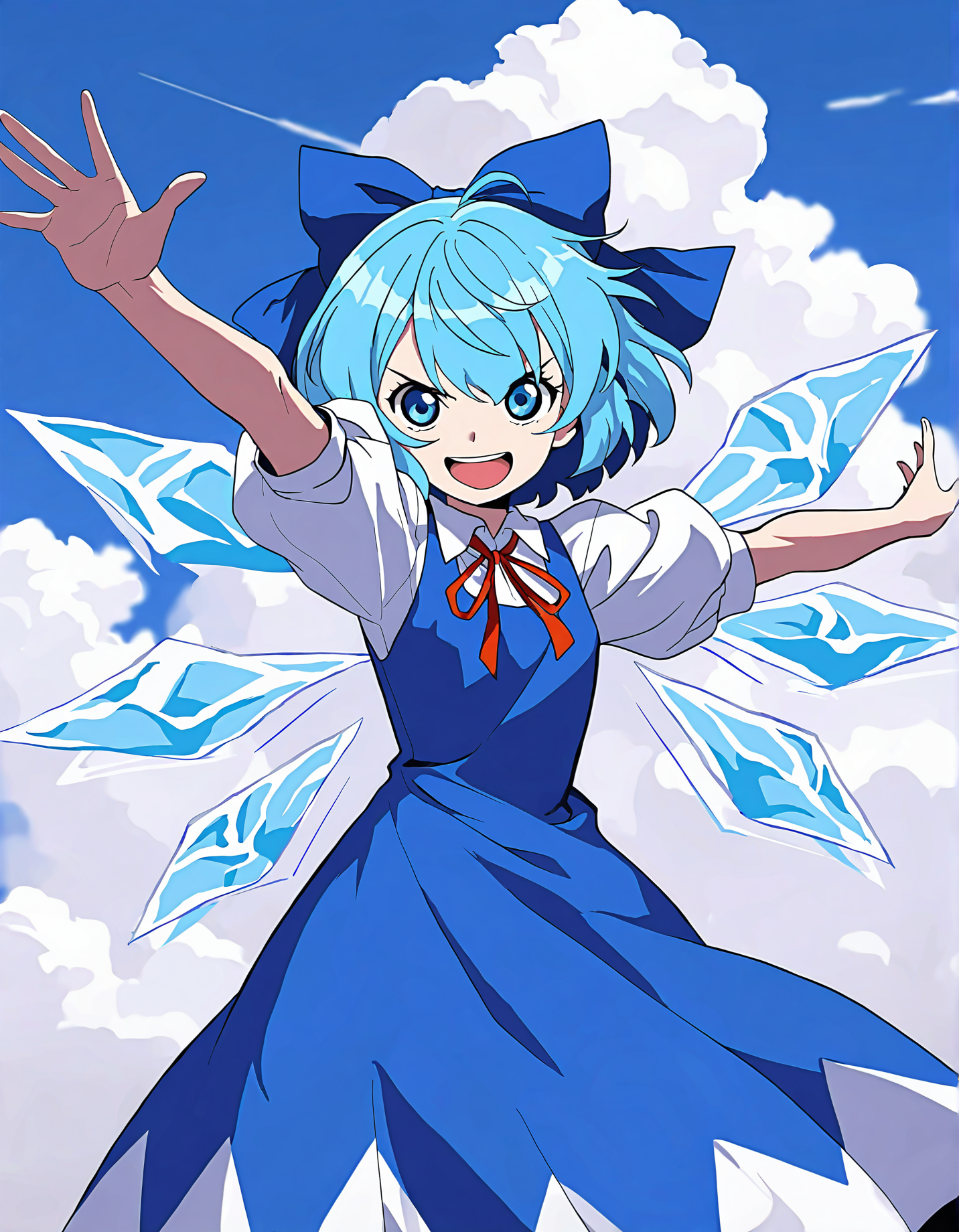memoriesofphantasm, 1girl, solo, blue hair, cirno, wings, dress, bow, hair bow, open mouth, blue dress, blue eyes, ice, ice wings, short hair, short sleeves, blue bow, cloud, sky, looking at viewer, shirt, smile, general, ribbon, arms up, outstretched arms, puffy sleeves, sensitive, puffy short sleeves, white shirt, neck ribbon, v-shaped eyebrows, cloudy sky
very awa, masterpiece, best quality, year 2024, newest, highres, absurdres, <lora:memories-of-phantasm-style-noobai-vpred10-timestep-dynamic:1>