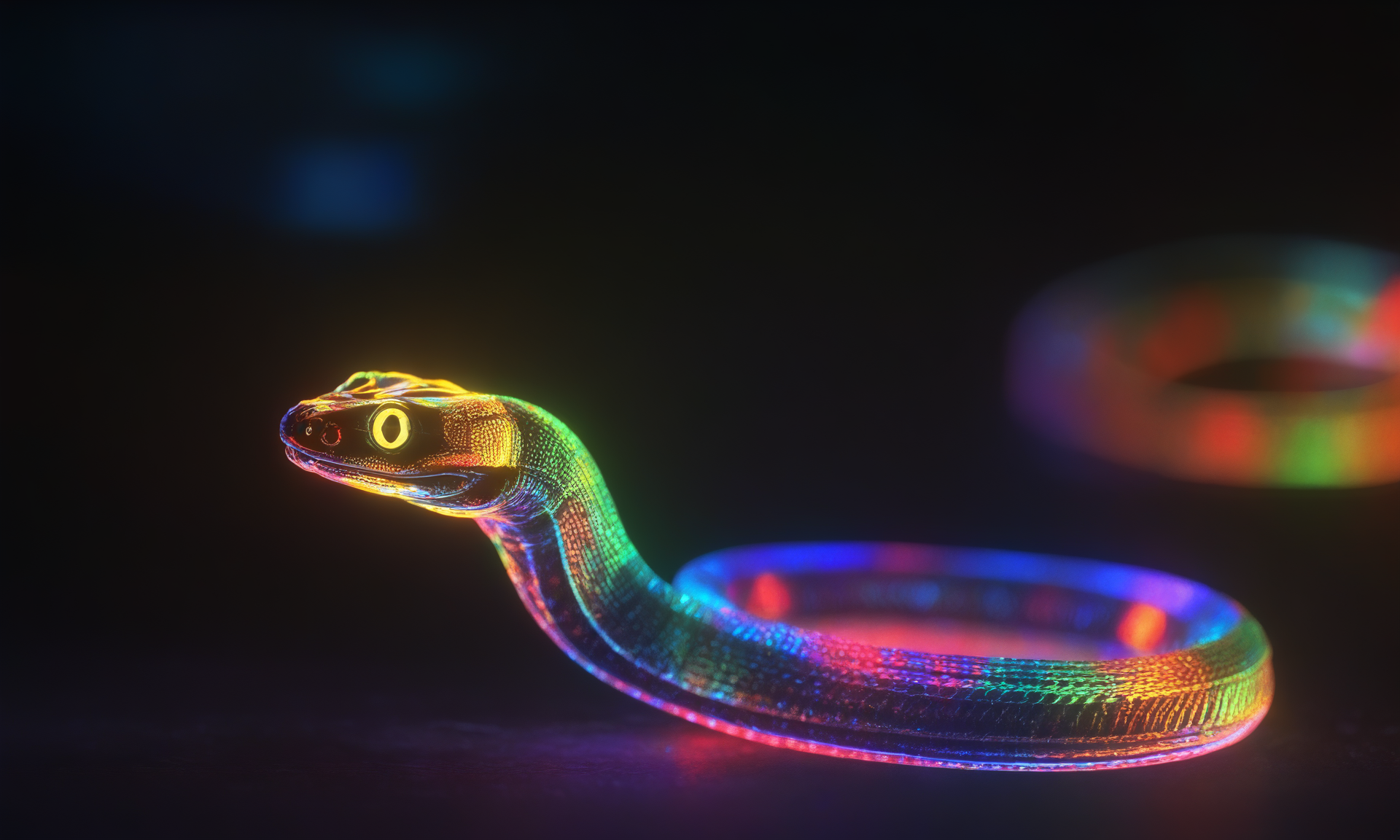 <lora:shineglasscd_xl-000005:0.7>,a (shineglasscd_xl,shine glass,neon lights,light particles,colorful:1.3,gradient,chromatic aberration) mechanical snake,no humans,long-focus,tilt-shift,dark background,simple background,full body,chinese zodiac,cutie,cute,still life,front view,facing viewer,looking at viewer, emotional,harmonious,high budget,moody,epic,gorgeous,perfect lighting,realistic,photorealistic,photographic,photo (medium),real,moody lighting,volumetric lighting,reality ray tracing,8K,HDR,UHD,masterpiece,best quality,highly detailed,high resolution,finely detail,extremely detailed,ultra detailed,wallpaper