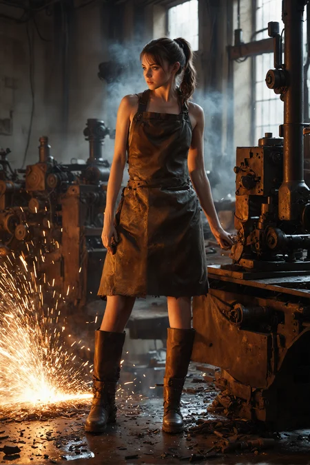 (intricate details:0.9), full shot, full body, Best quality, masterpiece, ultra high res, (photorealistic:1.4), absurdres, cinema lighting, dark victorian age, (a best long shot photo of a girl wearing work boots and belted apron over the loins and shattered dirty tank), (beautiful ponytail), working in factory, girl working on a machine, retro workshop, smoke, oily dirty machinery, sparks from the machine illuminate the room, lathe, manufacture, wet dirty floor, hyper realistic, steampunk, intricate design, insanely detailed, fine details, beautiful, pretty face, fine texture, incredibly lifelike sinister setting, extremely detailed (sinister scene) background