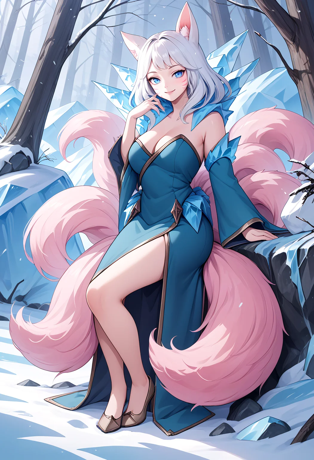 score_9, score_8_up, score_7_up, source_anime BREAK 1girl, solo, looking at viewer, full body, from side, dutch angle,
<lora:Ahri_WinterQueen_pdxl_Incrs_v1:1>, ahriWntrQun, animal ears, facial mark, fox tail, multiple tails, pink tails, long hair, white hair, blue eyes, large breasts, ice, blue dress, strapless dress, bare shoulders, cleavage, detached sleeves, wide sleeves
large breasts, skindentation,smile, hand on own chin, thinking,
outdoors, winter, snowing, nature, forest, tree, landscape,