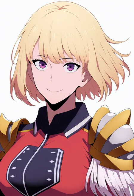 best quality, amazing quality, very aesthetic, absurdres,
1girl, chahaein, blonde hair, purple eyes, short hair,
armor, epaulettes, shoulder armor, uniform,
smile, solo, looking at viewer, (simple background, white background:1.3), <lora:ChaHaeinNoobXL_byKonan:1>