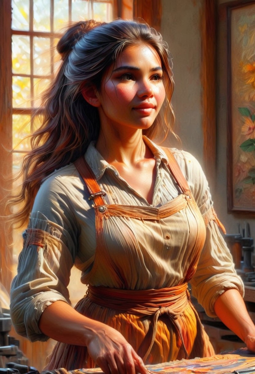 (Oil painting) Khmer woman artisan with glowing clear skin and a gentle smile, standing in a sunlit workshop. She wears a cute, slightly smudged apron, her long hair cascading softly around her shoulders. The warm golden light streams through large windows, casting intricate shadows on her body. Sun-kissed highlights illuminate her face and arms, while soft warm shadows play across the background. The scene captures a romantic atmosphere, inspired by the styles of Winslow Homer and Thomas Eakins.
Strong wiry build, Beautiful sexy busty. Her full lips curve into a gentle smile. Long, silky black hair frames her heart-shaped face.  Strong hands delicately working on an intricate craft piece.  Her graceful magical movements and posture exude confidence and skill. Sun-kissed highlights accentuate her curves.