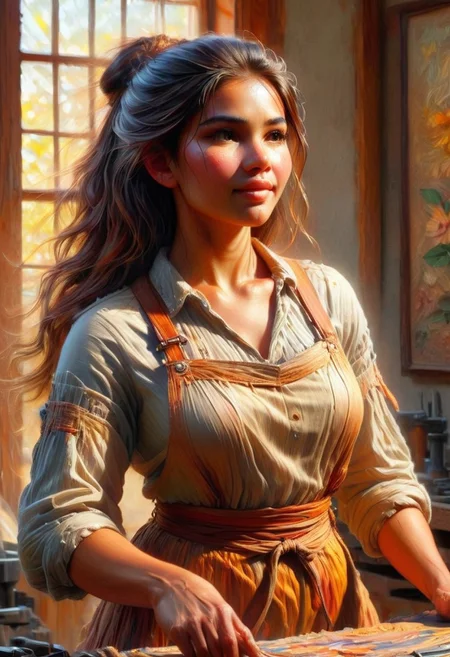 (Oil painting) Khmer woman artisan with glowing clear skin and a gentle smile, standing in a sunlit workshop. She wears a cute, slightly smudged apron, her long hair cascading softly around her shoulders. The warm golden light streams through large windows, casting intricate shadows on her body. Sun-kissed highlights illuminate her face and arms, while soft warm shadows play across the background. The scene captures a romantic atmosphere, inspired by the styles of Winslow Homer and Thomas Eakins.
Strong wiry build, Beautiful sexy busty. Her full lips curve into a gentle smile. Long, silky black hair frames her heart-shaped face. Strong hands delicately working on an intricate craft piece. Her graceful magical movements and posture exude confidence and skill. Sun-kissed highlights accentuate her curves.
