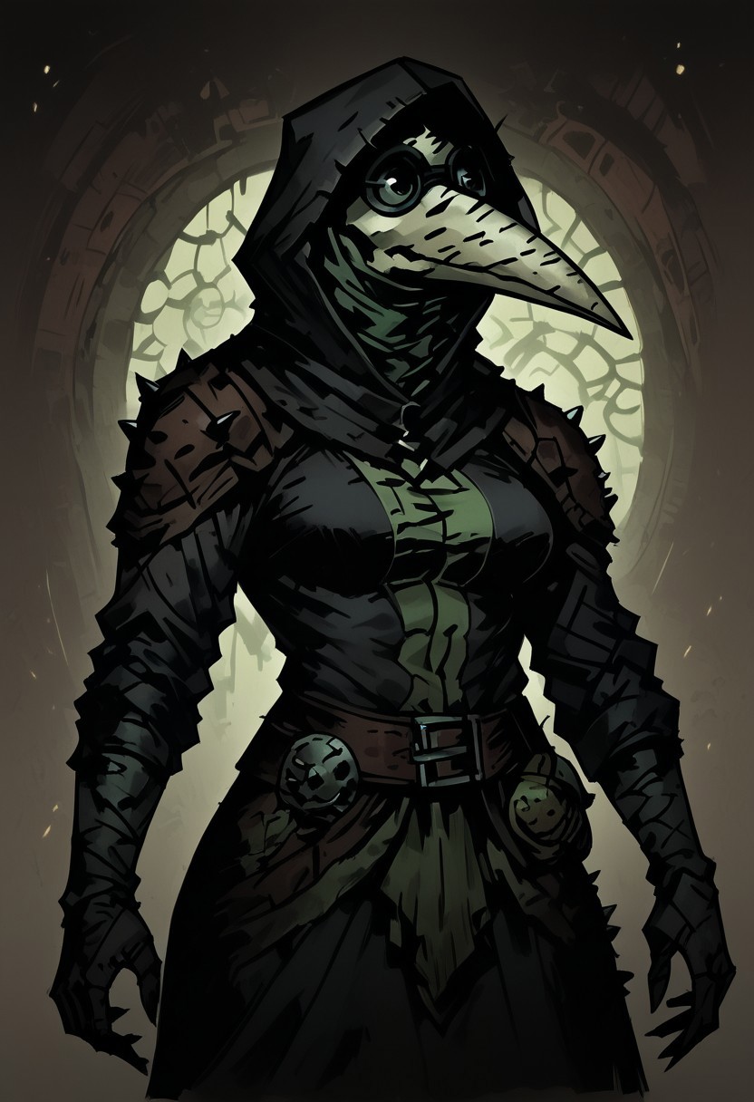 score_9, score_8_up, score_7_up, BREAK, 1girl, cowboy-shot, beautiful, dramatic lights ((Plague Doctor, Plague doctorDD, plague doctor darkest dungeon, plague doctorDD, Darkest Dungeon, plague doctor mask))