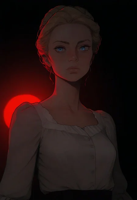 score_9, score_8_up, score_7_up, source_anime, solo, 1girl,
annie_bowyer, light skin, blue eyes, gibson girl updo hairstyle, blonde hair, loose strands, 
(((red light background))), dark room silhouette background, cowboy shot, low angle,