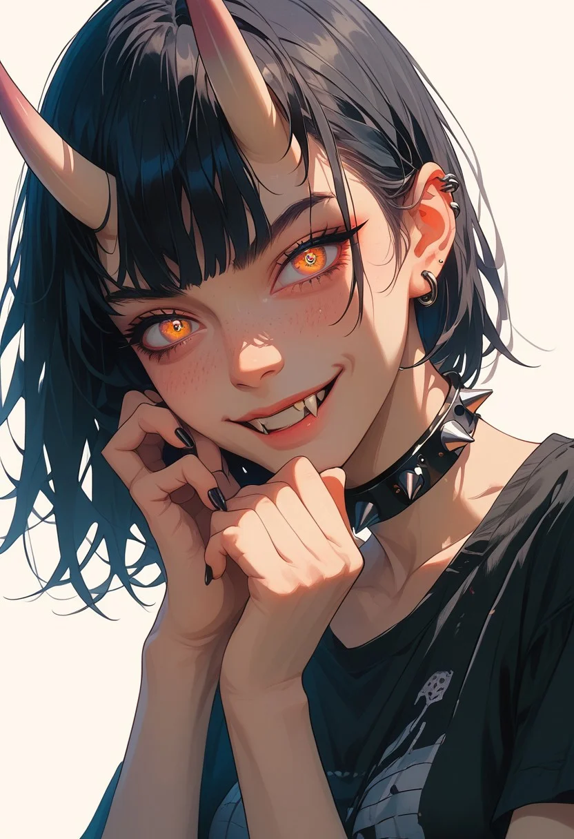 score_9, score_8_up, score_8, score_7_up, score_7, adult female,, detailed eyes, big open eyes, long straight hair, dark eyebrow, freckles, ear piercing, anime girl, short,, cute, easynegative, whole body, head to toe view, whole body visible,
(Masterpiece), (best quality), score_9, score_8_up, score_7_up, score_6_up, source_anime BREAK, <lora:aliciarenato-pdxl-nvwls-v1-000004:1> , perfecteyes, negative_hand, 1 adult female, girl, female, oni horns, grey skin, black sclera, iridescent pupils, closed mouth, fangs, medium breasts, black t-shirt, black shorts, shorts tilted to the side, black belt, spiked neck collar, short black hair, spiky hair, focus on face, black sandals, black nails, white background, standing, peachhands
Expressiveh,
volumetric lighting, detailed skin,perfect eyes,
