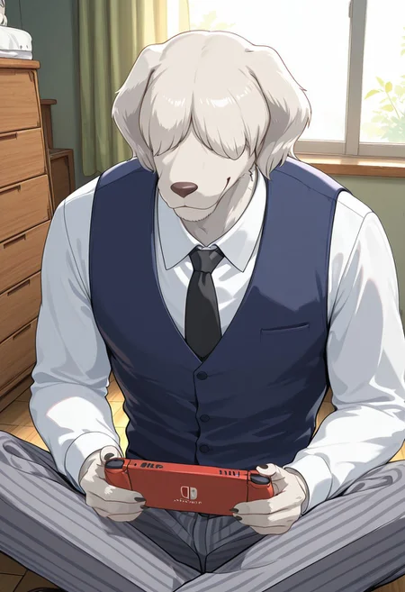 masterpiece, best quality, amazing quality, very aesthetic, absurdres, newest, high quality, detailed, male, solo male, Collot, 1boy, mature male, male, athletic build, anthro, english sheepdog, animal ears, bangs covering eyes, white fur, floppy ears, white collared shirt, blue vest, black tie, grey striped pants, dorm room, smiling, sitting cross legged on floor, holding handheld game console, looking up at viewer
