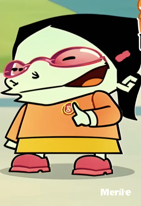 score_9, score_8_up, score_7_up BREAK melirie, 1girl, light green skin, black hair, ponytail, pink glasses, pink hairclip, orange longsleeved shirt, small penguin circle badge, yellow skirt, pink shoes, screenshot, chibi body, chibi size, laughing at viewer, pointing and laughing, scientific background, happy, full body,