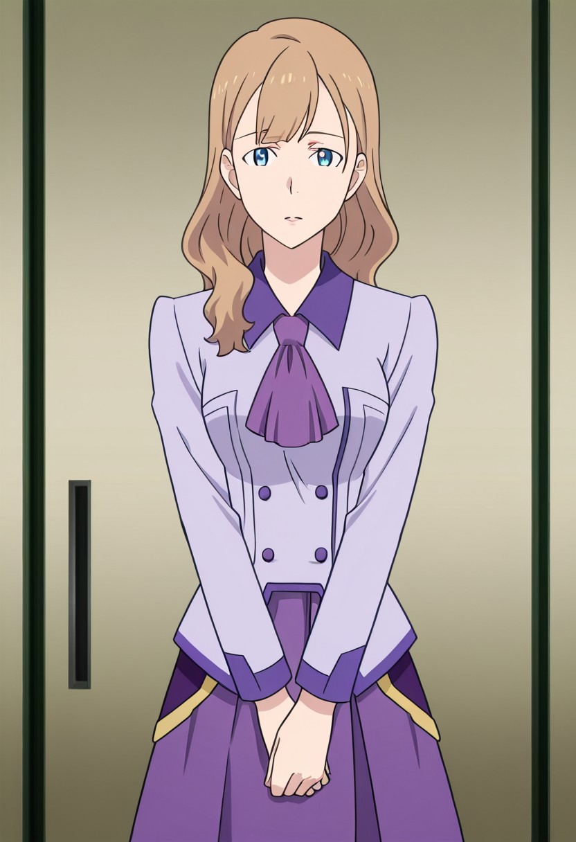 zPDXLx, mur4k4mi-ip,anime screencap, anime art style, zoids series, zoids wild zero, jean elisi linette, 1girl, solo, skirt, blue eyes, brown hair, long hair, looking at viewer, ascot, own hands together, long sleeves, v arms