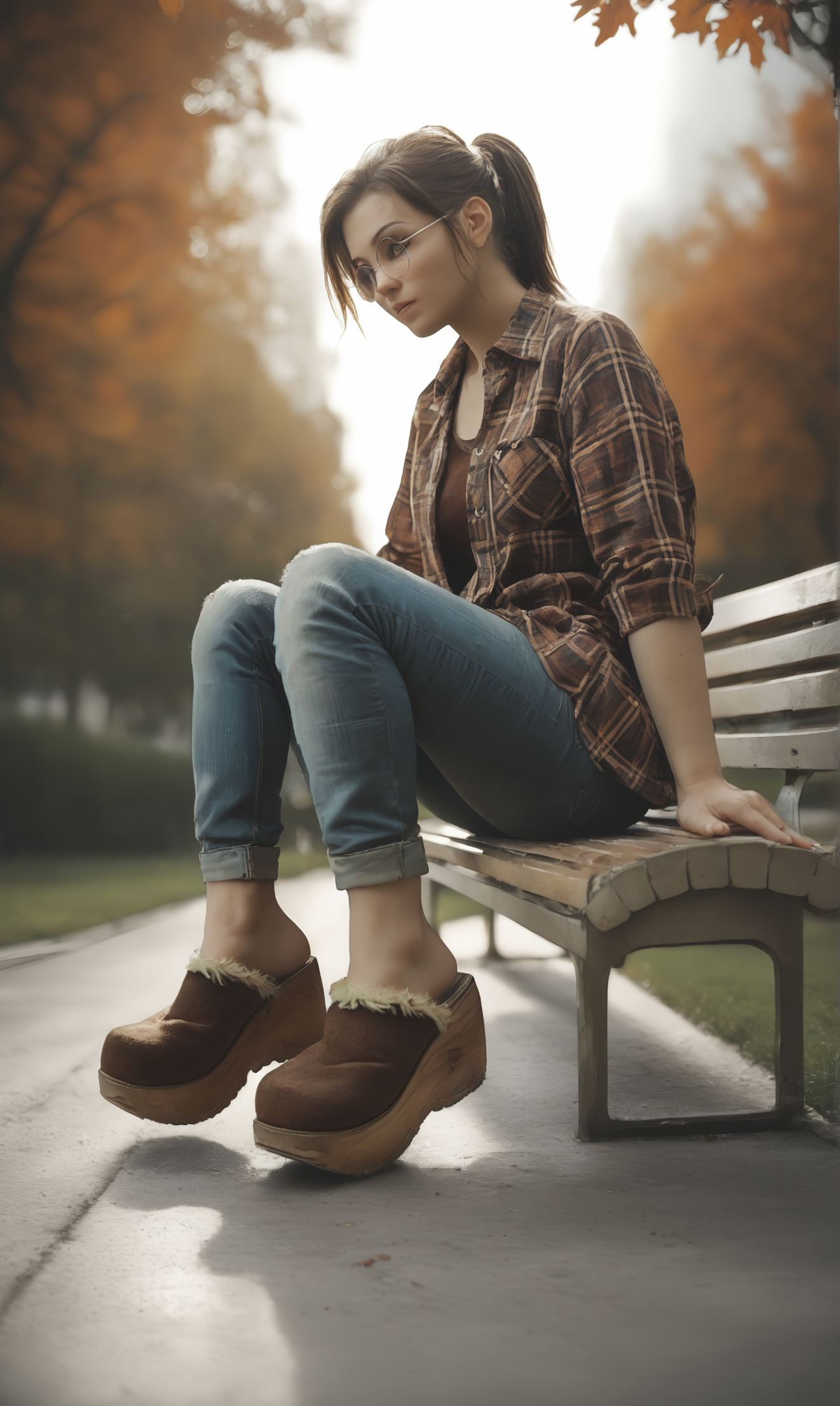 score_9, score_8_up, score_7_up, score_6_up, source_anime,
low angle, from below, from side,
autumn, outdoors, park,
1girl, 
sitting, park bench,
flannel shirt, jeans, round glasses, ponytail, brown hair,
sherpa clogs, platform footwear,
embedding:zPDXLrl ,
embedding:zPDXL2 ,
