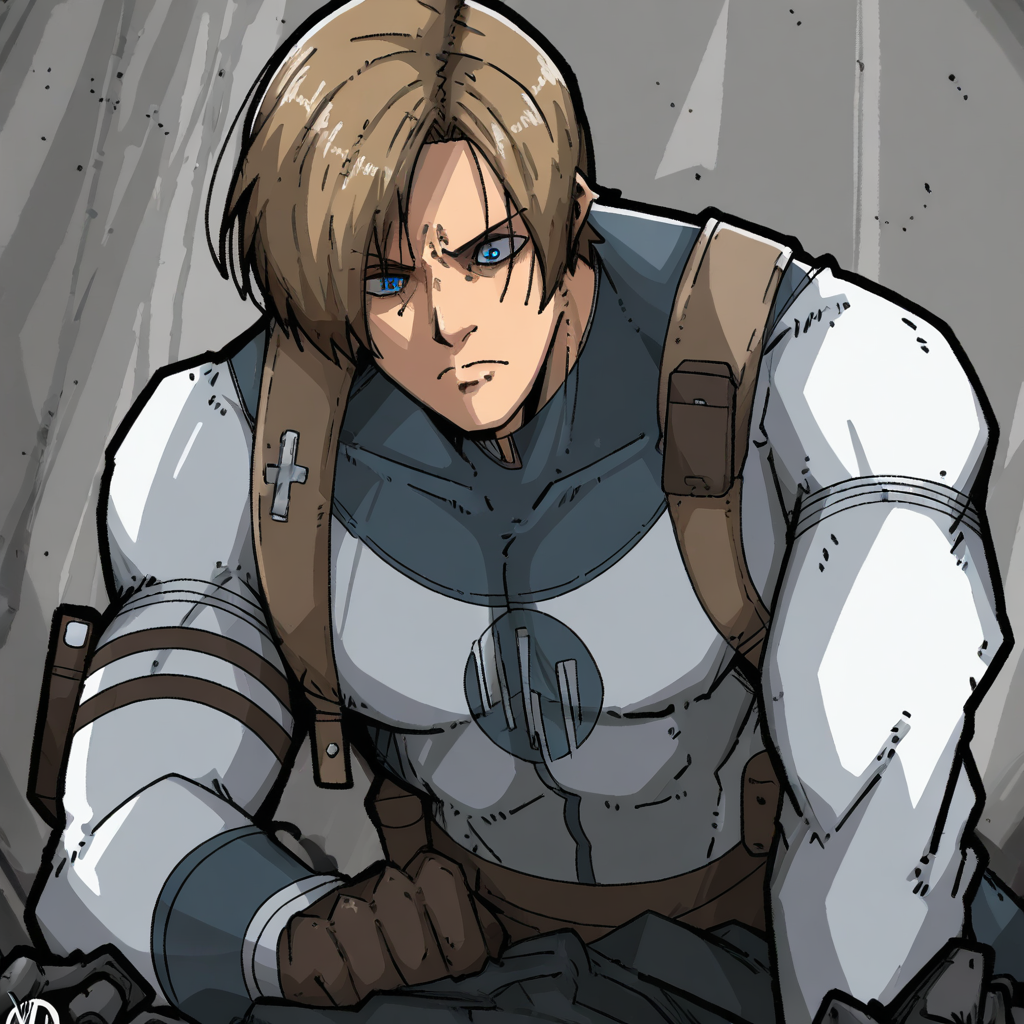 masterpiece, best quality, newest, absurdres, highres, mark_gavatino, mark gavatino style, VILTFit-V1.0-Withemblem, VILTemblem-V1.0, bodysuit, white bodysuit, 1boy, leon s. kennedy, brown hair, blue eyes, gloves,